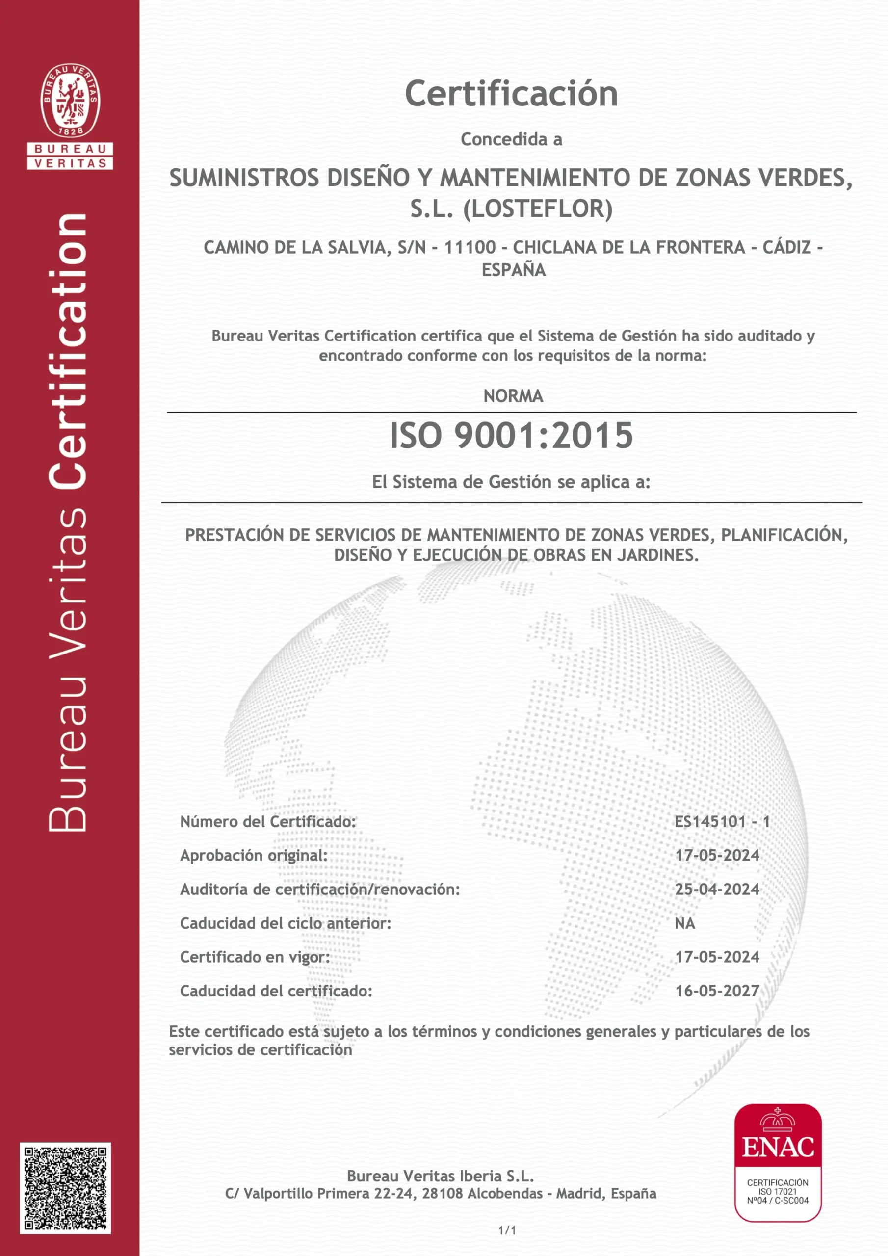 Losteflor: Certificación ISO 9001:2015 de Bureau Veritas