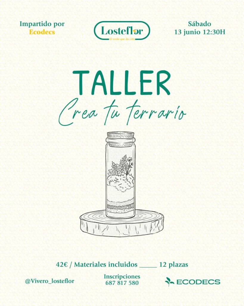 Taller del vivero en Losteflor Chiclana con participantes y plantas en la mesa de trabajo
