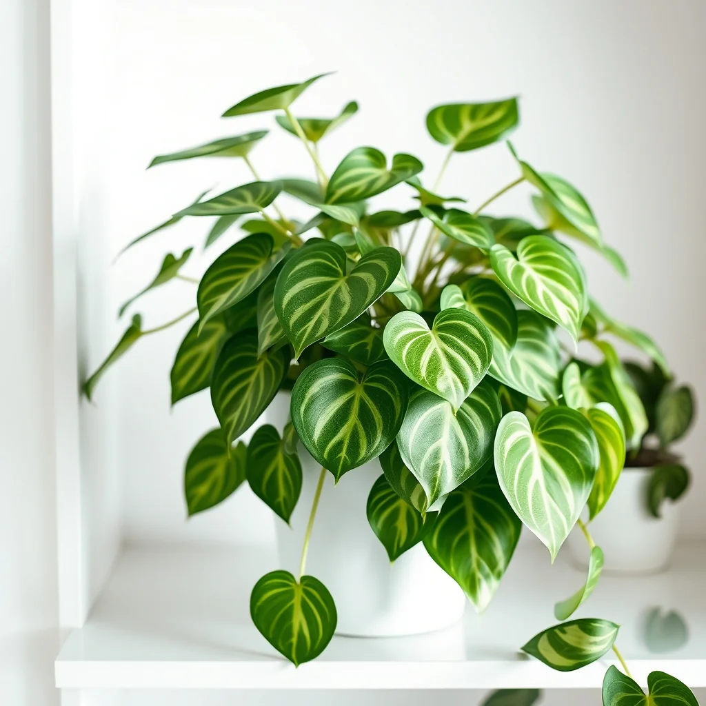 Cuidados del pothos: planta de hojas verdes acorazonadas en maceta blanca sobre una estantería