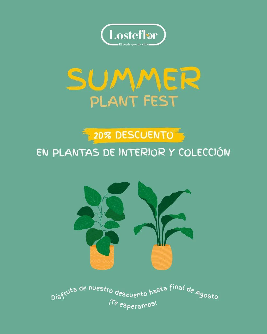 Cartel del Summer Plant Fest de Losteflor con 20% de descuento en plantas de interior