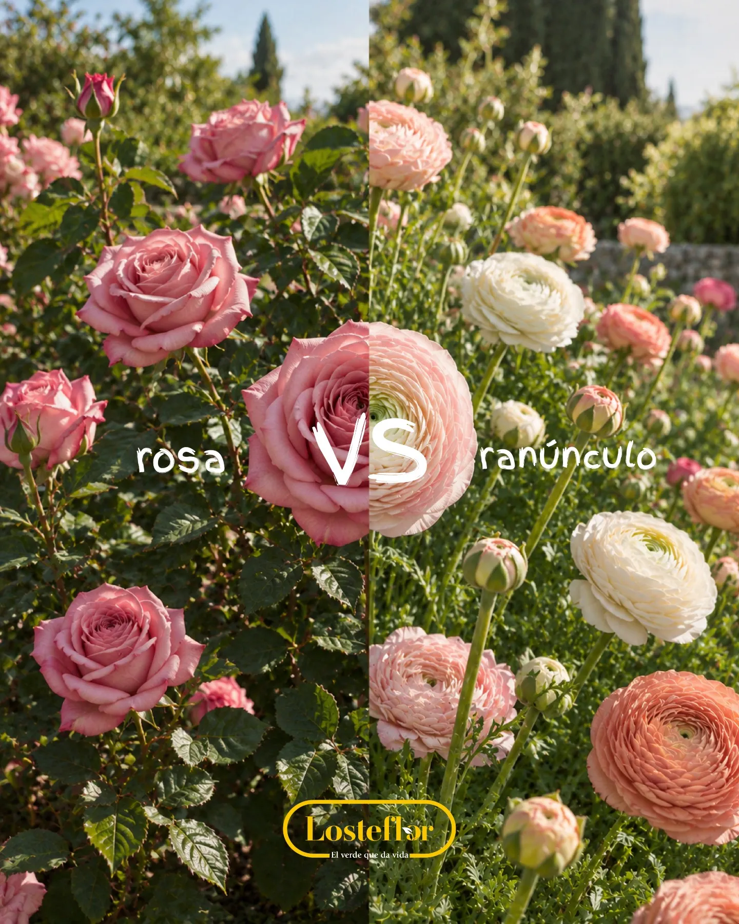Rosal de flor rosa comparado con ranúnculos en el jardín