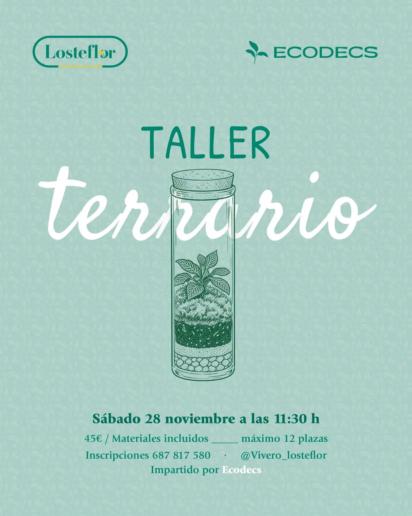 Cartel del taller de terrarios en el vivero Losteflor con Ecodecs el 28 de noviembre